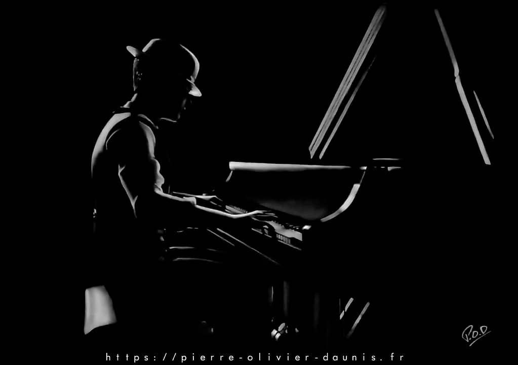 Le pianiste : Tableau de musique - pianiste au pastel sec. pianist modern painting