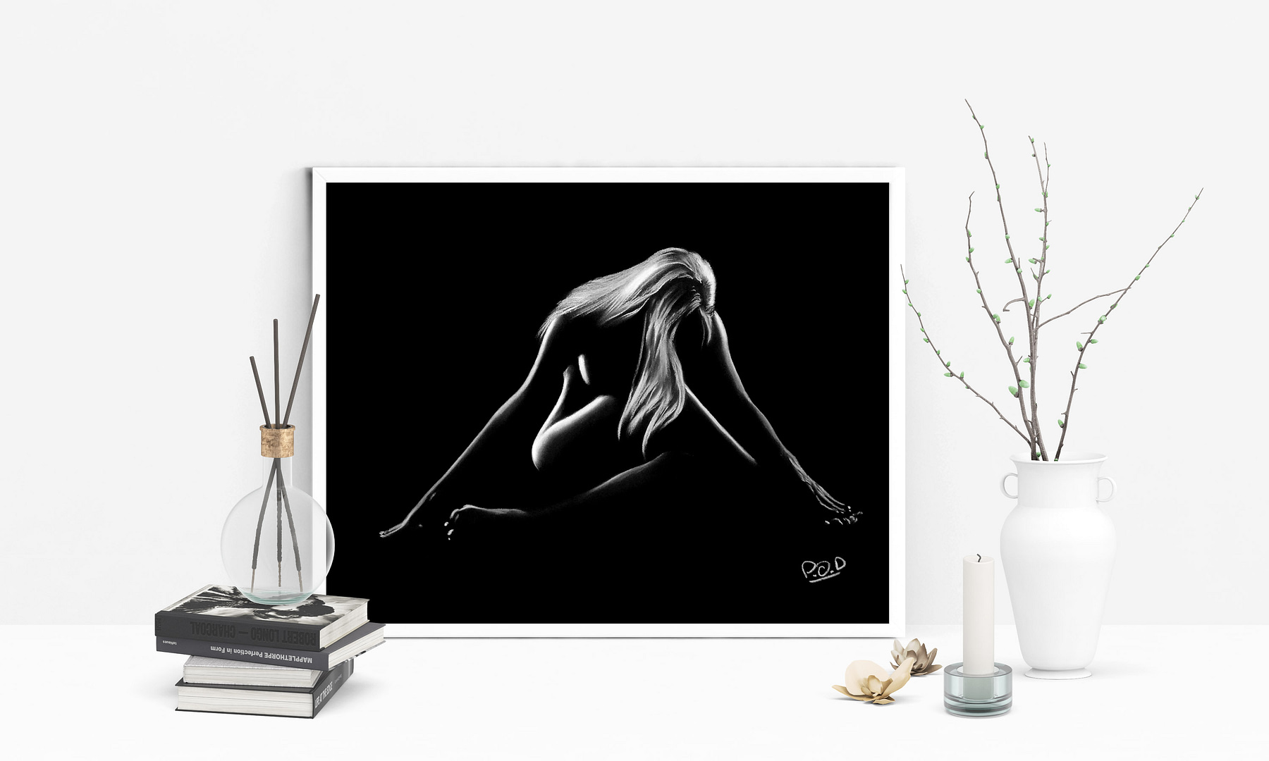 Modern nude painting of a beautiful naked woman in black and white style.