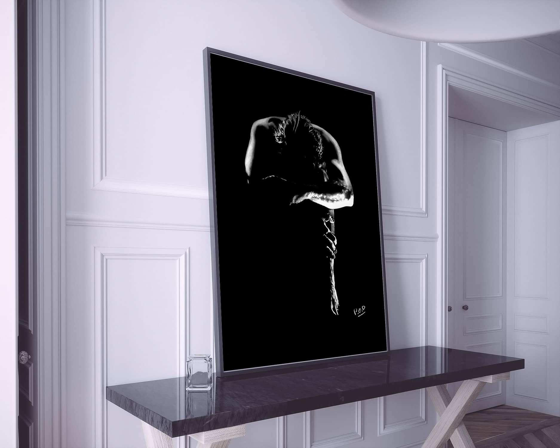 Modern painting of a beautiful naked man in black and white style.