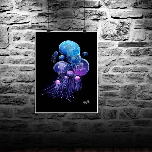 tableau moderne de méduses au pastel sec – fonds marins 1 – medusa painting ocean