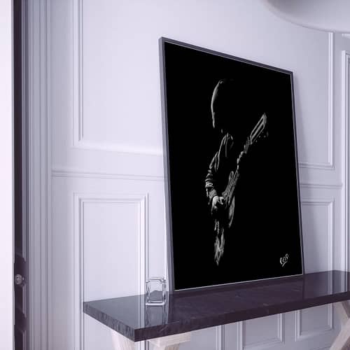 Tableau de guitariste 4 blanc sur fond noir. Guitarist modern painting