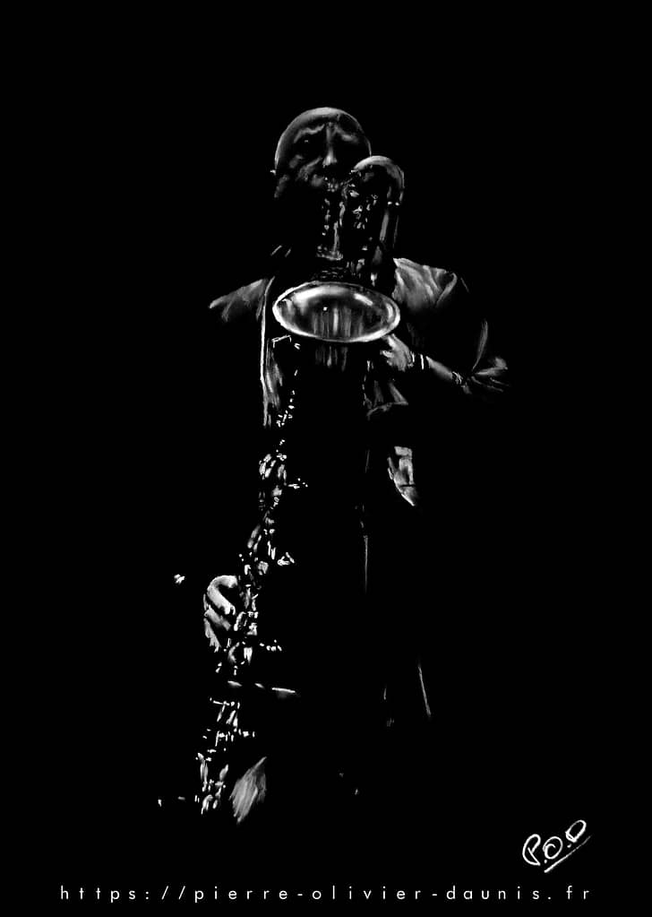 Le saxophoniste 5 : Tableau de musique - saxophoniste au pastel sec. Saxophonist jazz modern painting