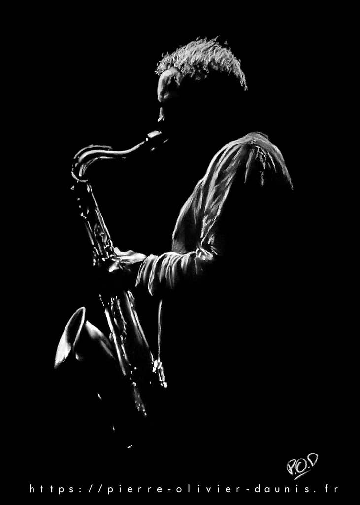 Le saxophoniste 4 : Tableau de musique - saxophoniste au pastel sec. Saxophonist jazz modern painting
