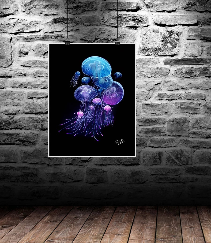tableau moderne de méduses au pastel sec – fonds marins 1 – medusa painting ocean