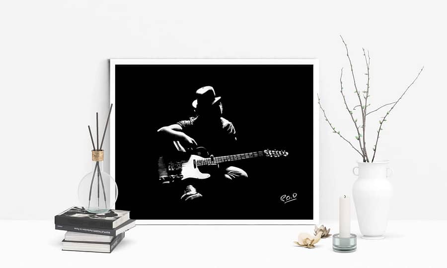 Tableau de guitariste 3 blanc sur fond noir. Guitarist modern painting