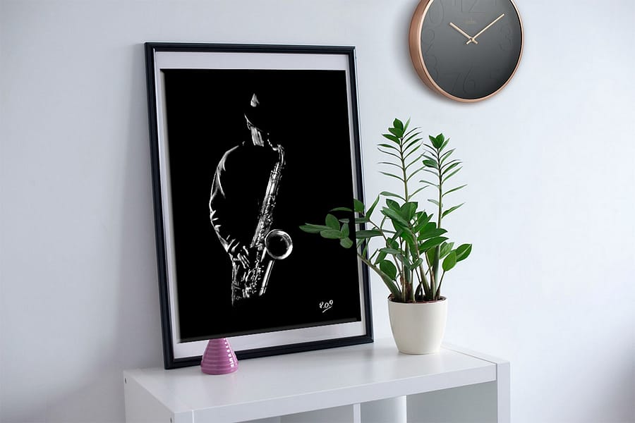 Le saxophoniste 3 : Tableau de musique – saxophoniste au pastel sec. Saxophonist jazz modern painting