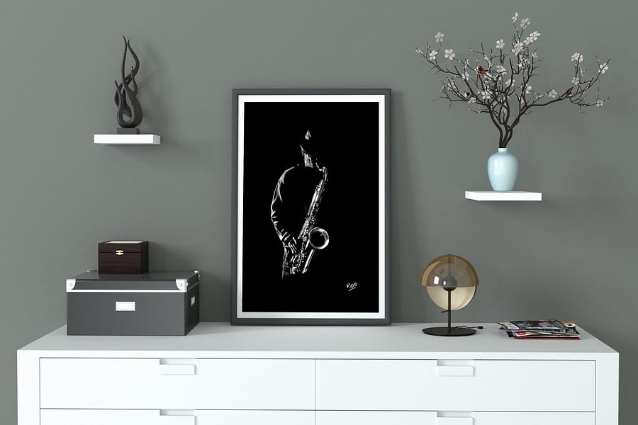 Le saxophoniste 3 : Tableau de musique – saxophoniste au pastel sec. Saxophonist jazz modern painting