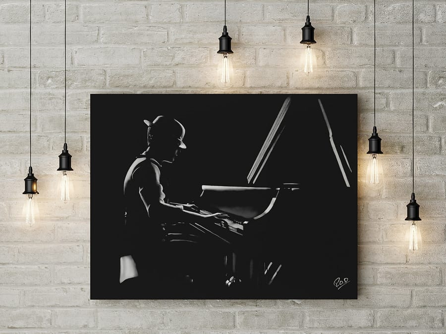 Le pianiste : Tableau de musique – pianiste au pastel sec. pianist modern painting