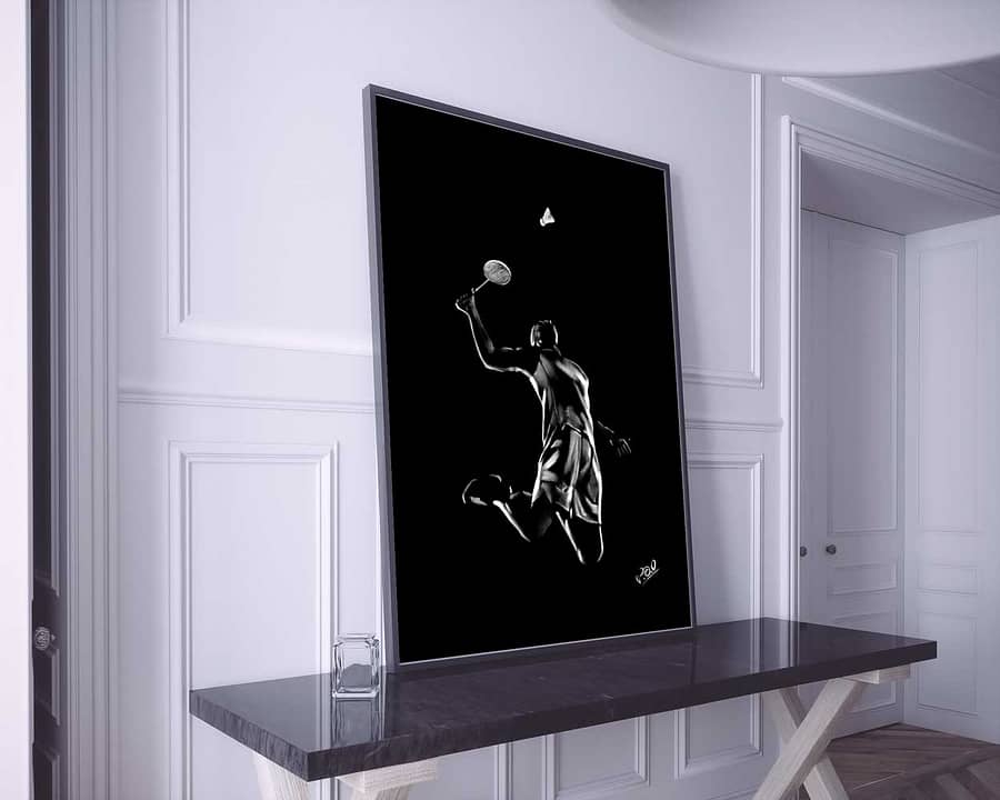 Athlète masculin – tableau moderne d’homme au pastel sec – badminton painting